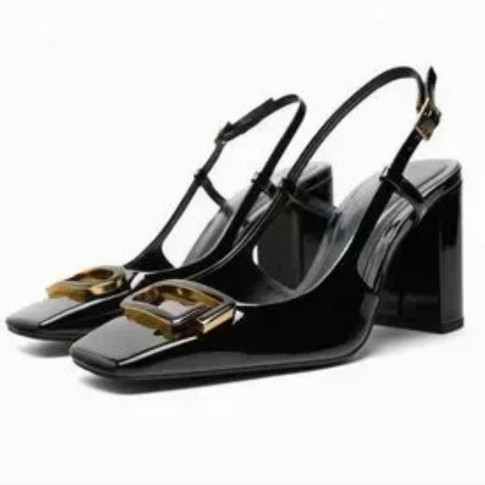 NWOB Zara Sling Back Black Charol Shoes Block Heel Size 9